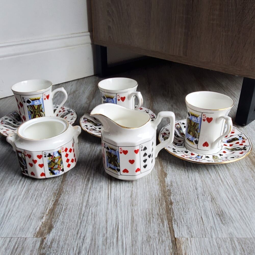 Queen's English Fine Bone China 3 Coffee Cups Saucers Creamer Pitcher Sugar Bowl